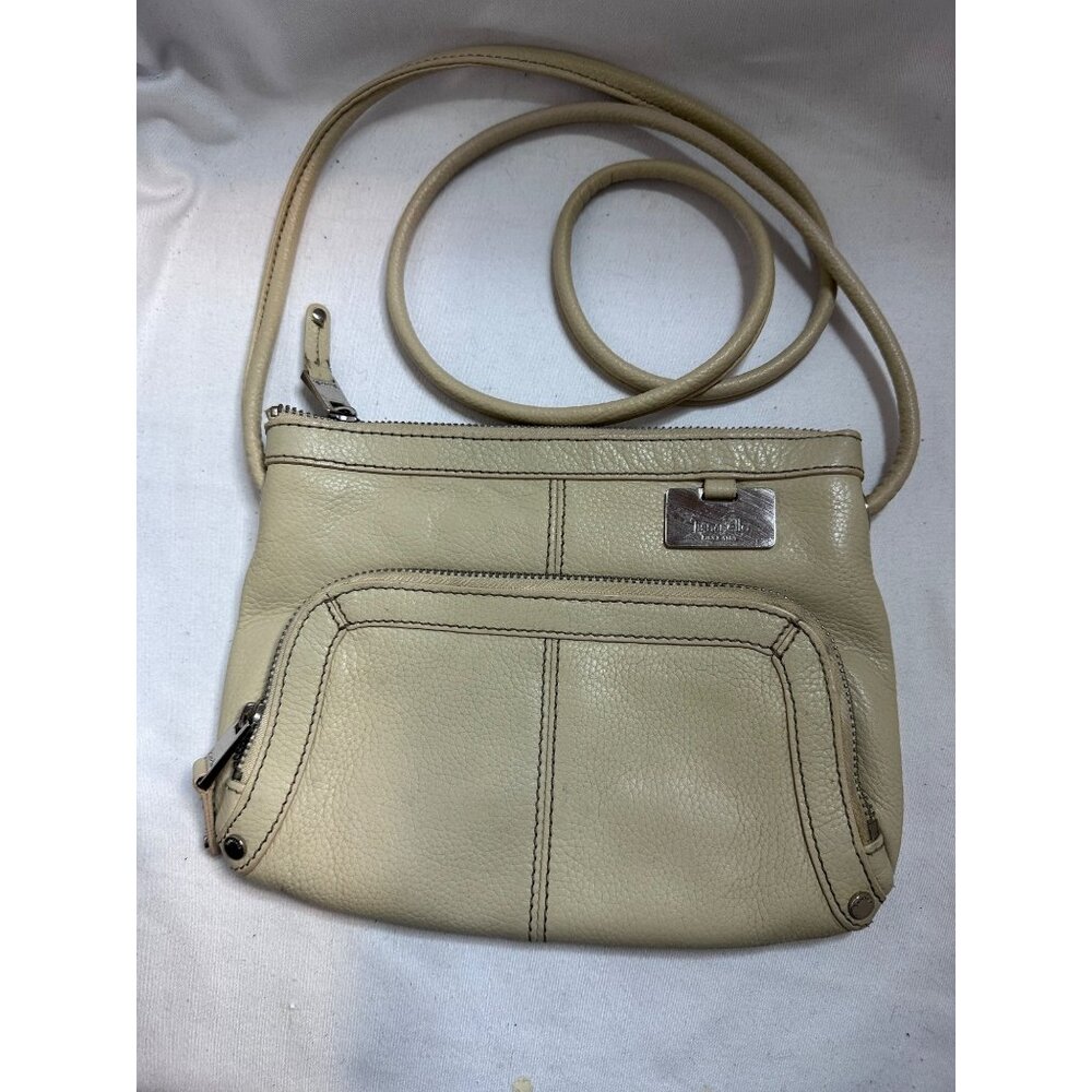 Tignanello Beige Leather Crossbody Bag Small Zip Front Pocket Purse